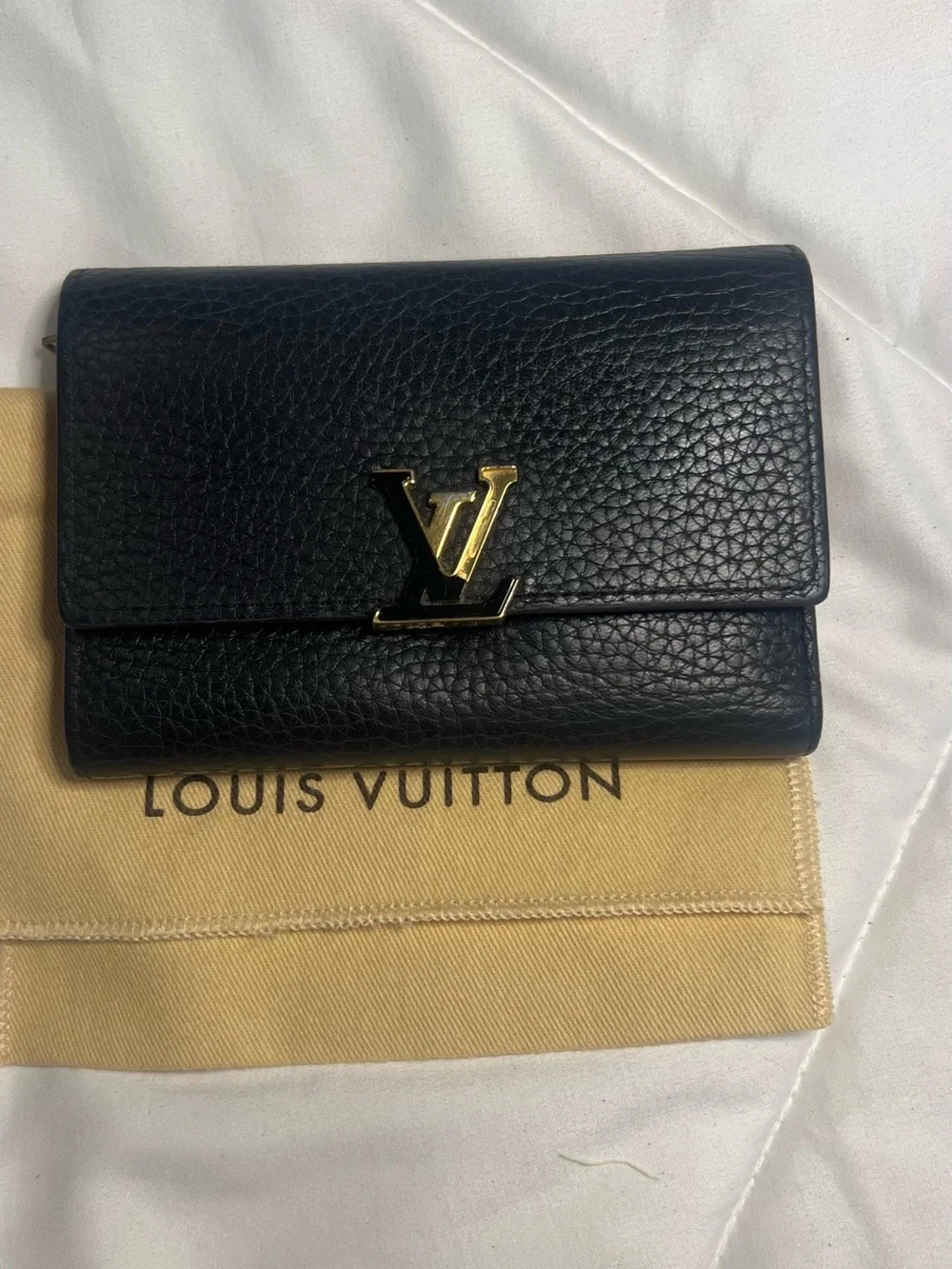 Louis Vuitton Black Pebbled Leather Compact Wallet with Gold LV Emblem - Picture 1 of 16
